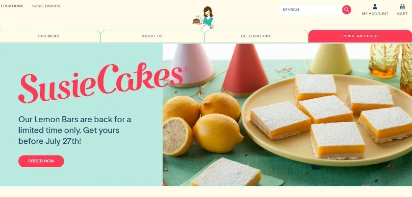 SusieCakes website's home page with product photo and order details.