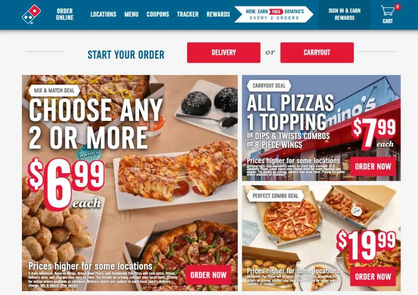 Domino's Pizza website with prominent ads for deals and combos.