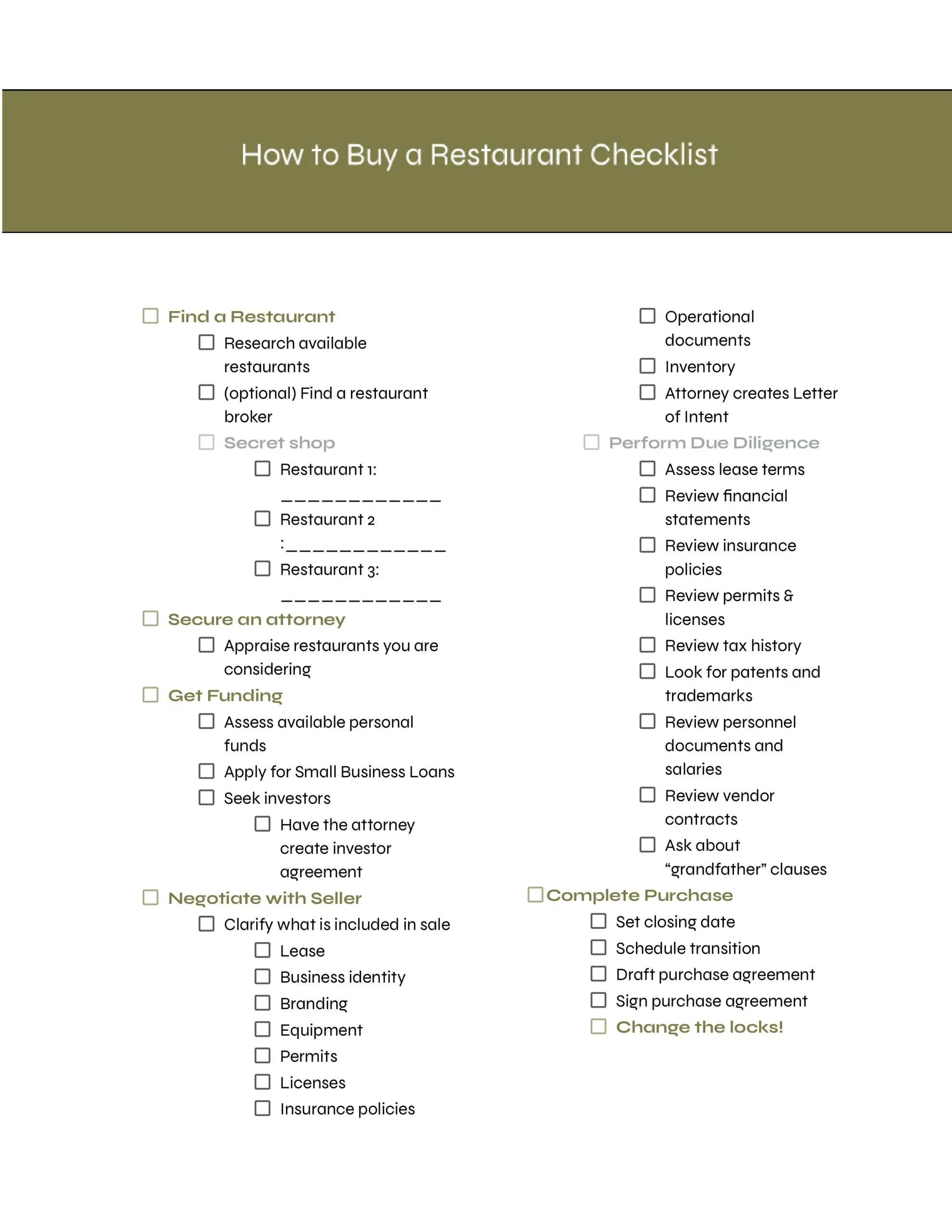 Buying a Restaurant Checklist