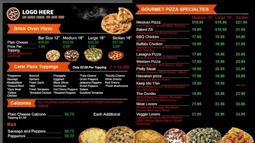 Pizza menu including build-you-own and specialty pizzas.