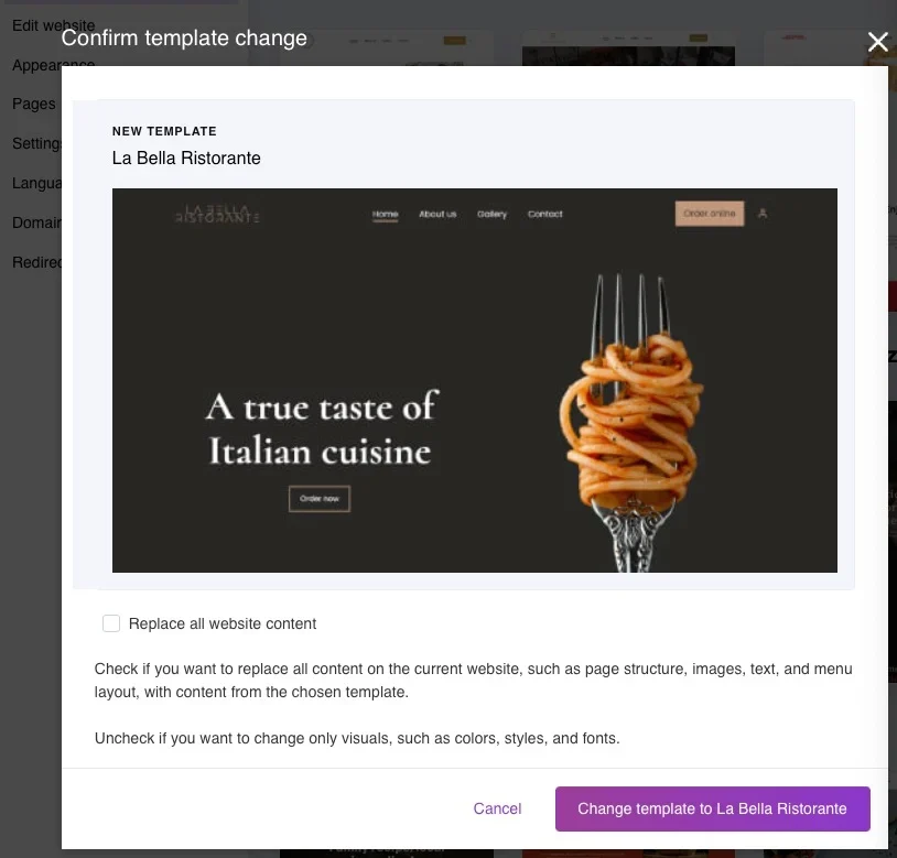 Example UpMenu template for an Italian restaurant.