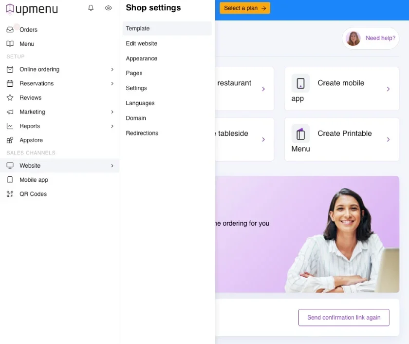 UpMenu template menu page.
