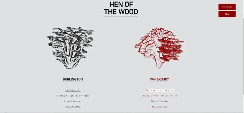 Hen of the Wood minimalist greyscale and red homepage.