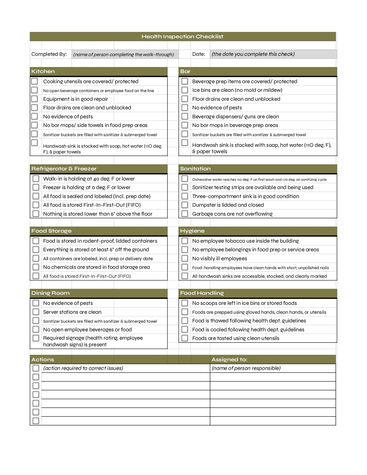 Health Department Inspection Checklist