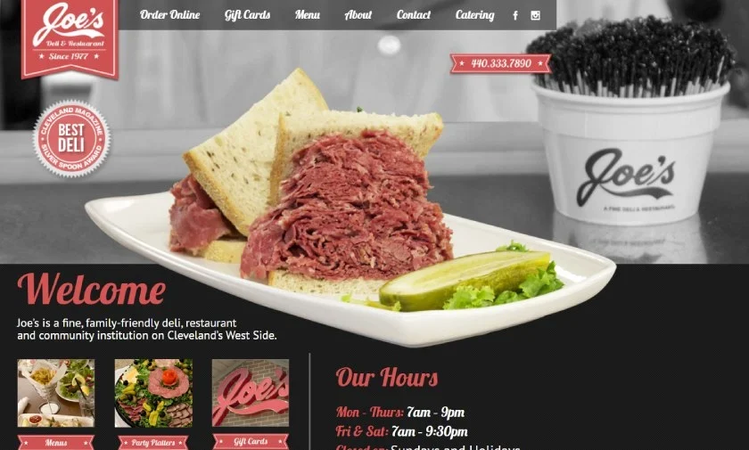 Joe's Deli homepage featuring a picture of a sandwich, opening hours info, and several sub-menu pages.