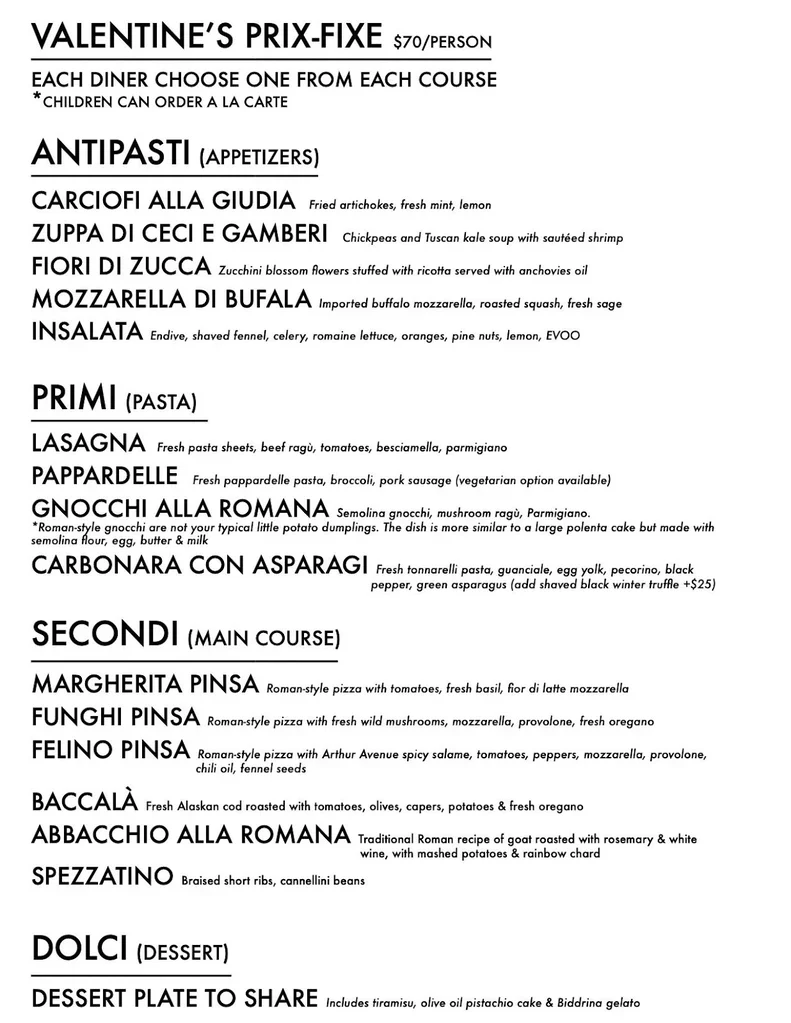 Valentines Day prixe fixe menu.