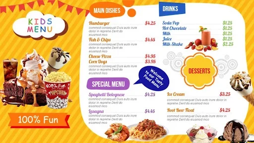 Bright and colorful kids menu.