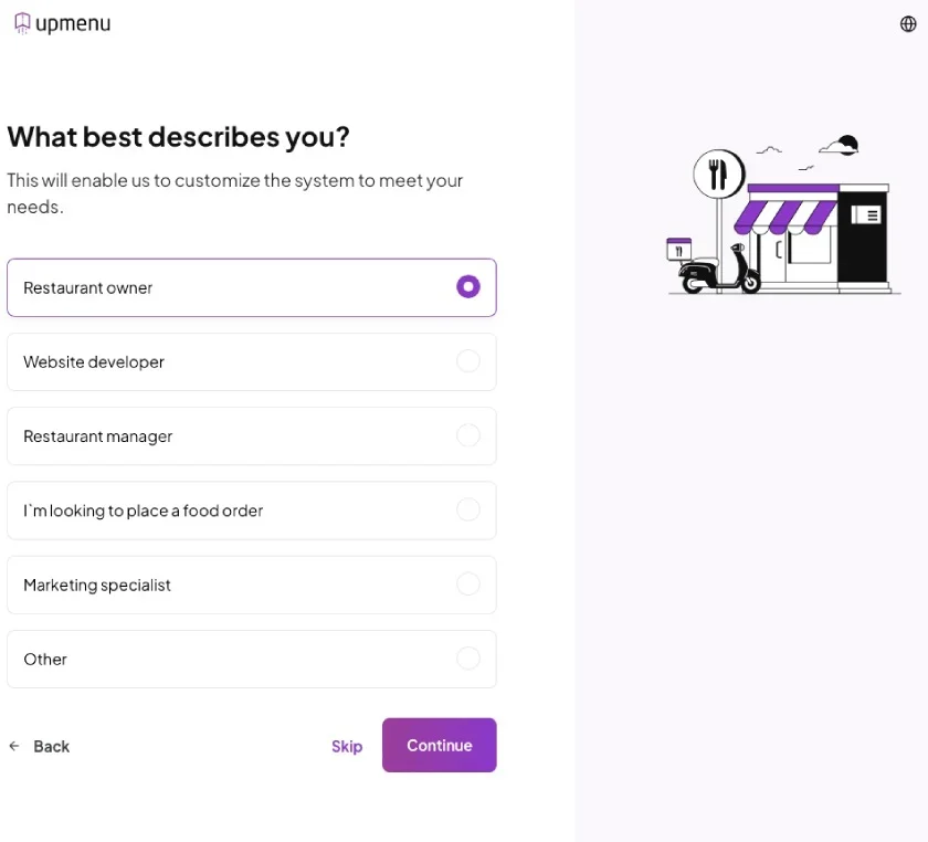 UpMenu registration setup webpage with role options.