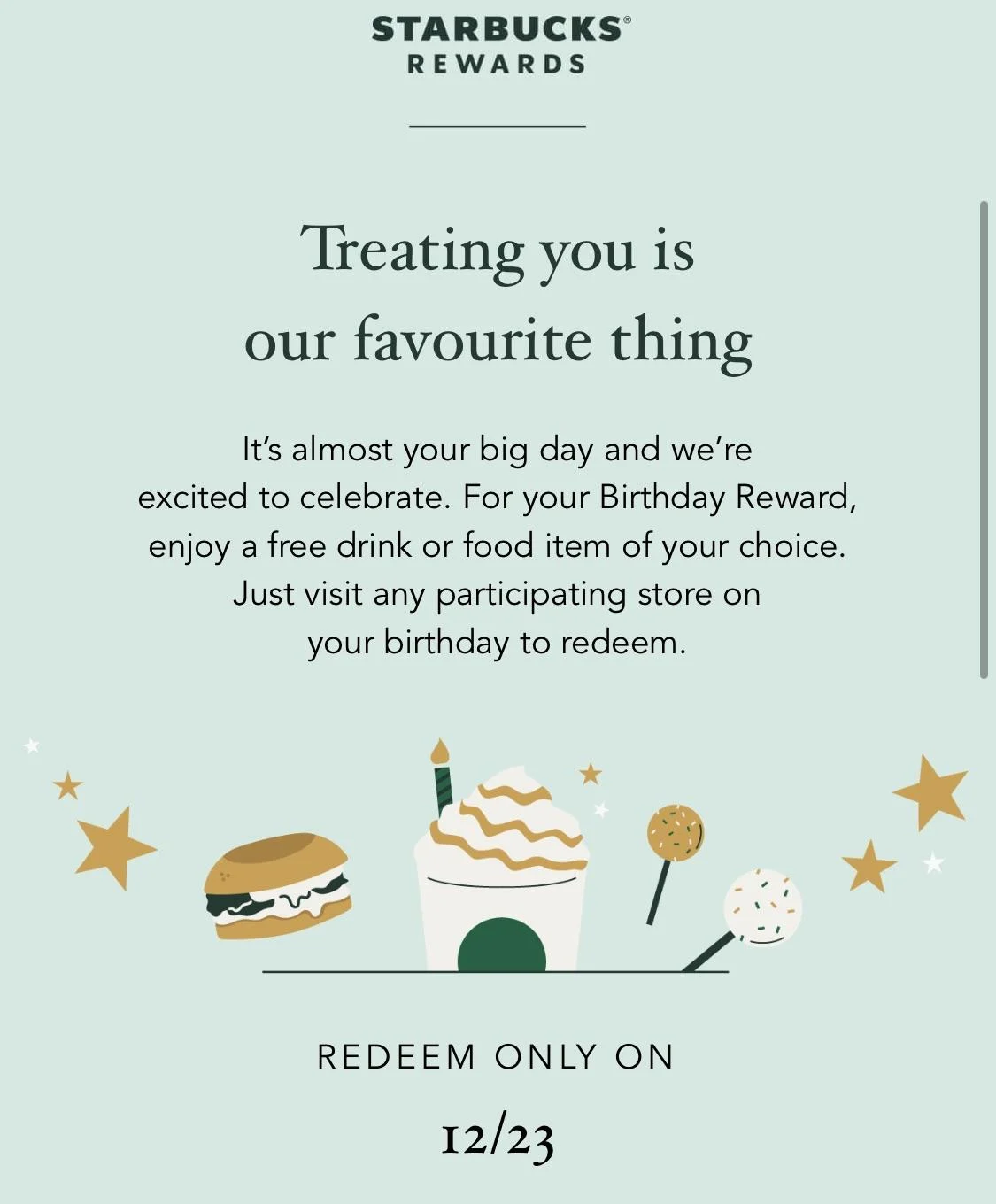 Starbucks birthday rewards message