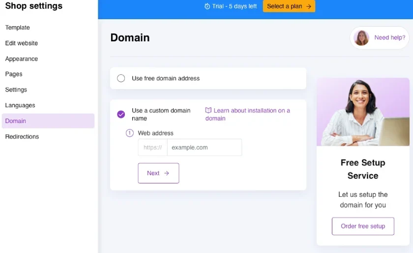 Domain setup options on UpMenu.