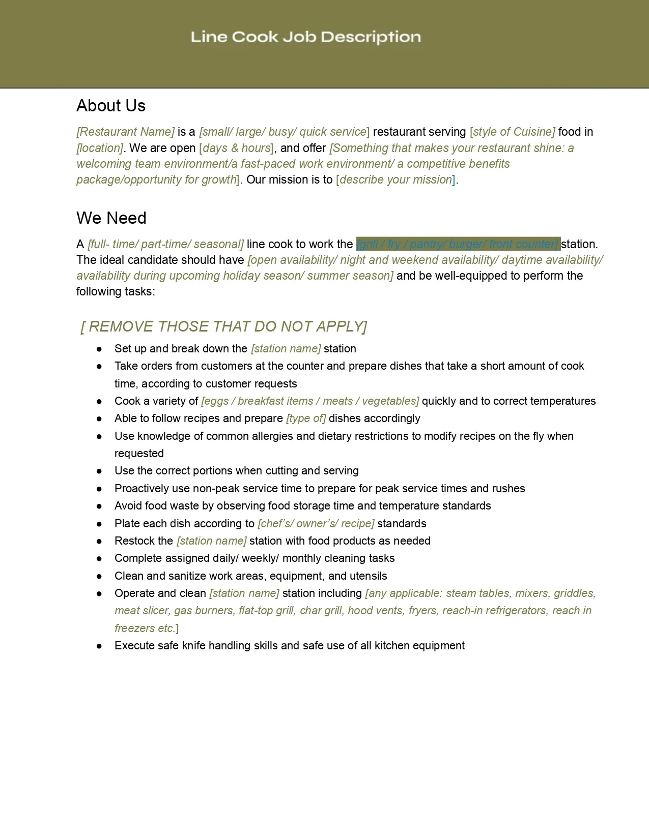 Line Cook Job Description Template