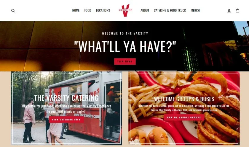 The Varsity quick-service restaurant homepage with options for catering and group orders.