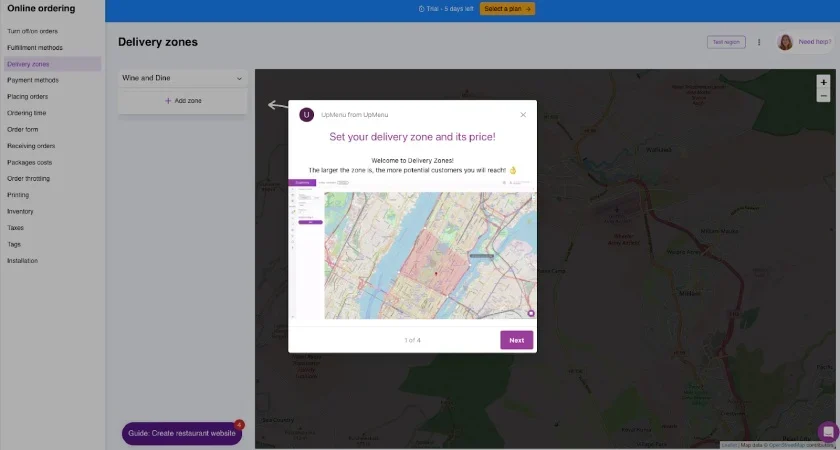 Setting up delivery zones on UpMenu.