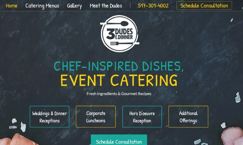 3 Dudes & Dinner cutting-board-style website.
