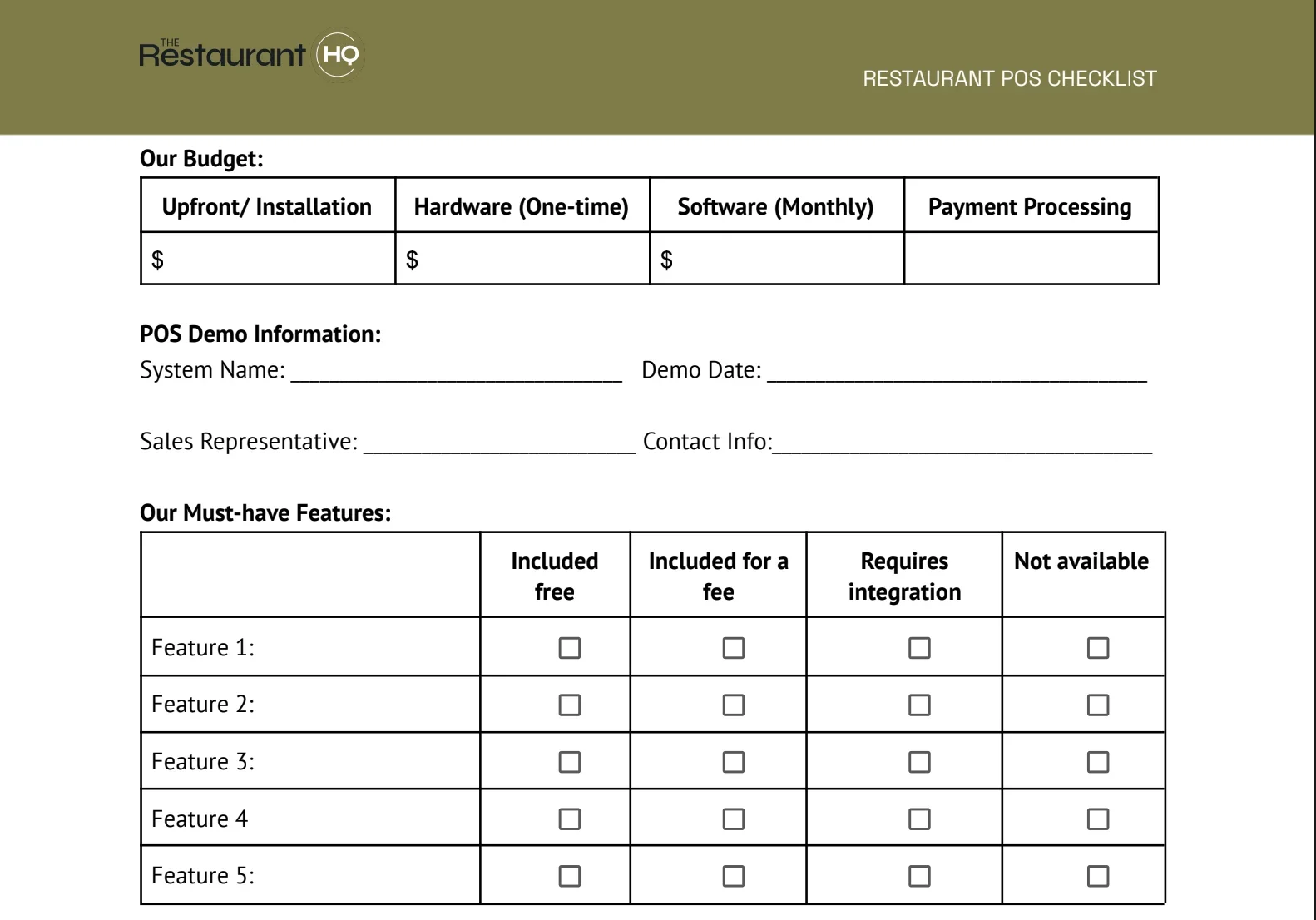 Free restaurant POS checklist screenshot