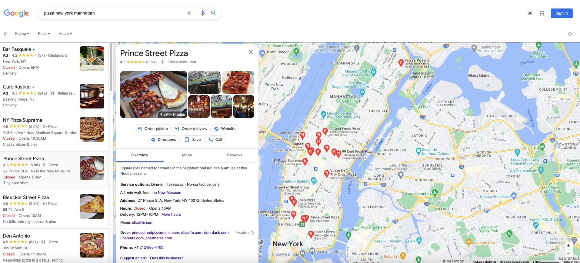Pizzeria in NYC's Google Business Profile.
