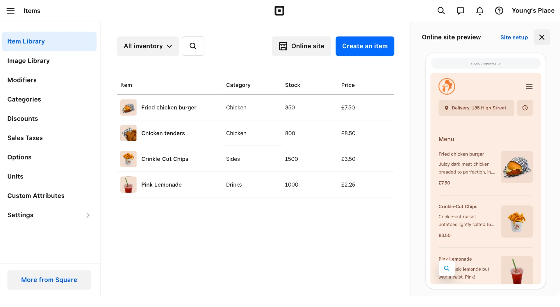Square item library showing restaurant menu items, inventory levels, pricing, and an online ordering site preview.