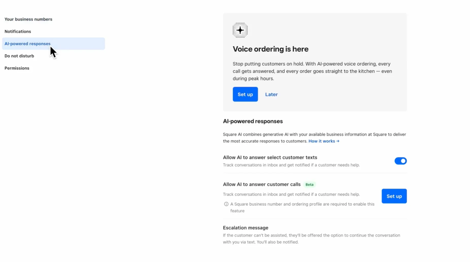 Square AI-powered voice ordering settings showing options for automated customer calls and text responses.