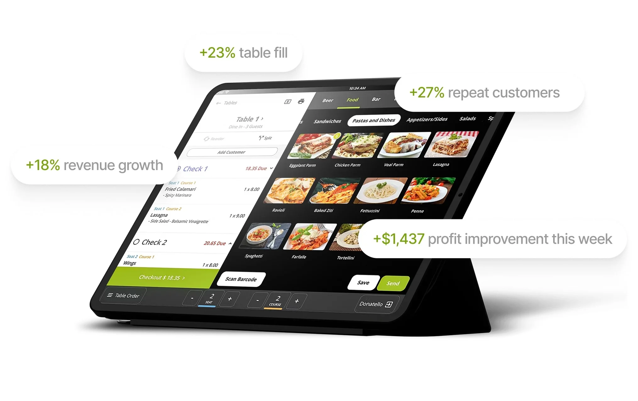 Lavu restaurant POS terminal displaying table orders, menu items, and performance metrics.